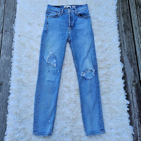 Size 24 Crop Jeans High Rise Ankle Re/Done Distressed Stretch Denim Button Fly - Picture 1 of 11